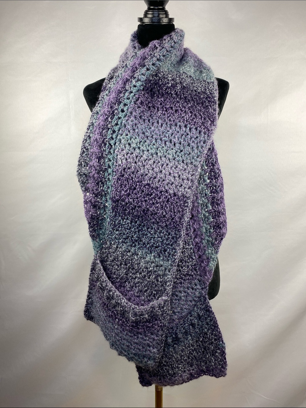 Handmade Chunky Knit Pocket Scarf Purple Grey Pom Detail Soft Cozy 68”X 11”